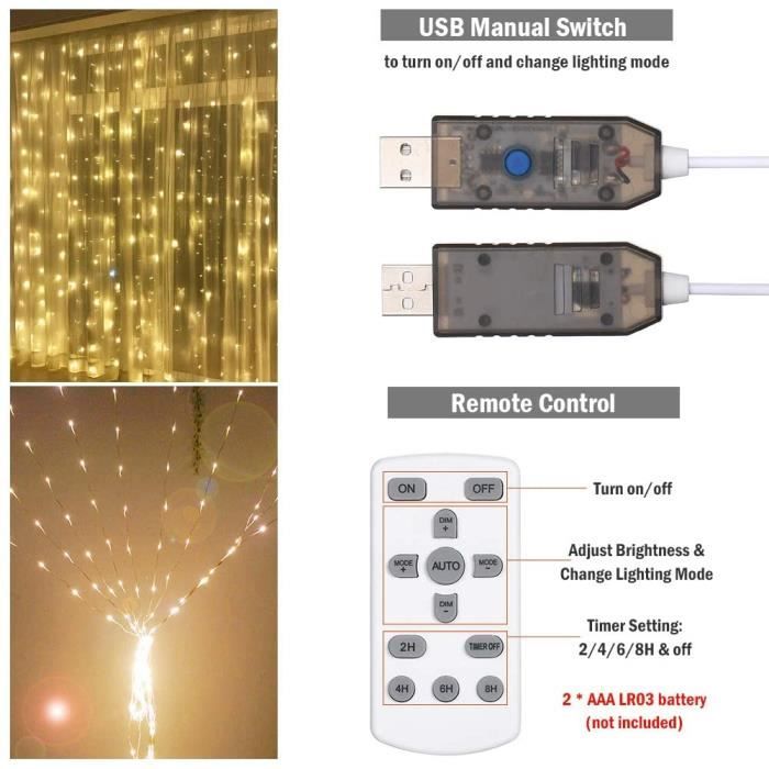 Generic Guirlandes Lumineuses 300 LED Rideau Lumineux 8 Modes 3M*3M USB :)  à prix pas cher