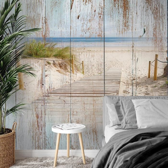 Papier Peint panoramique Plage aspect bois 352 x 250 cm Toison Mur XXL ...