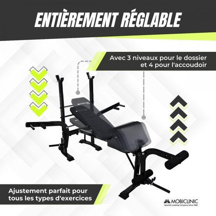 Mobiclinic Banc Musculation Pliable Multifonction Avec Bandes Résistance - Banc Presse Réglable Jusqu'à 120kg Planefit Fitness Maison