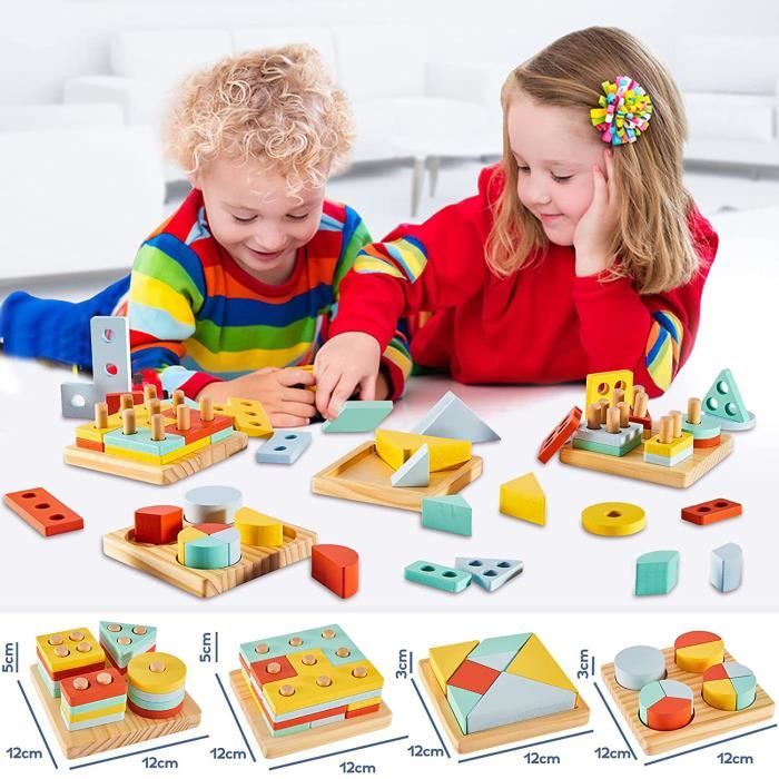 Jouet D’empilage En Bois – Formes Géométriques Colorées à Trier Et Construire, Montessori Dès 3 Ans