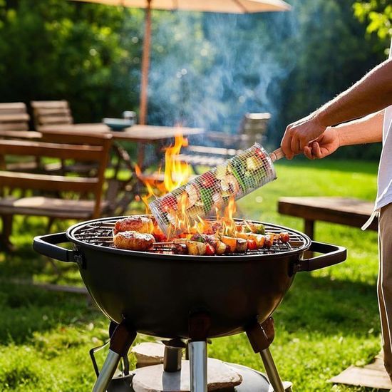 BigKing - 2 Paniers à Griller Roulants Acier Inoxydable - Pour Légumes Et Viande BBQ - Poignée Amovible