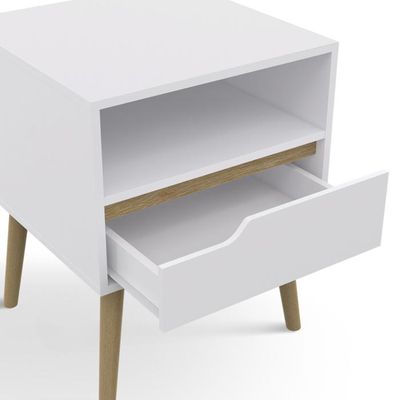 Lot De 2 Tables De Chevet Scandinaves Bahia - Blanc Et Bois - 1 Tiroir + Niche - 40x40x50 Cm