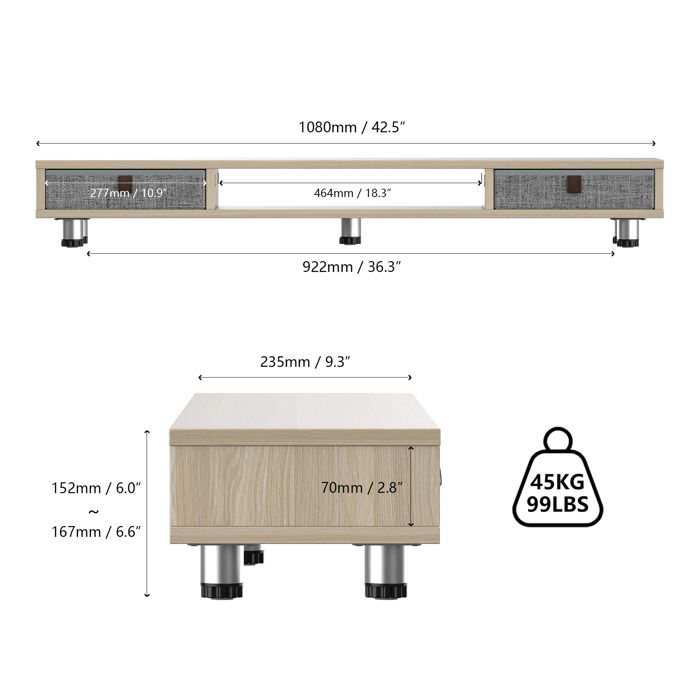 Fenge Réhausseur D'Écran Double Niveau - Support Moniteur 2 Écrans Avec Tiroir - Chêne - 108 X 23,5 X 15,2-16,7 Cm