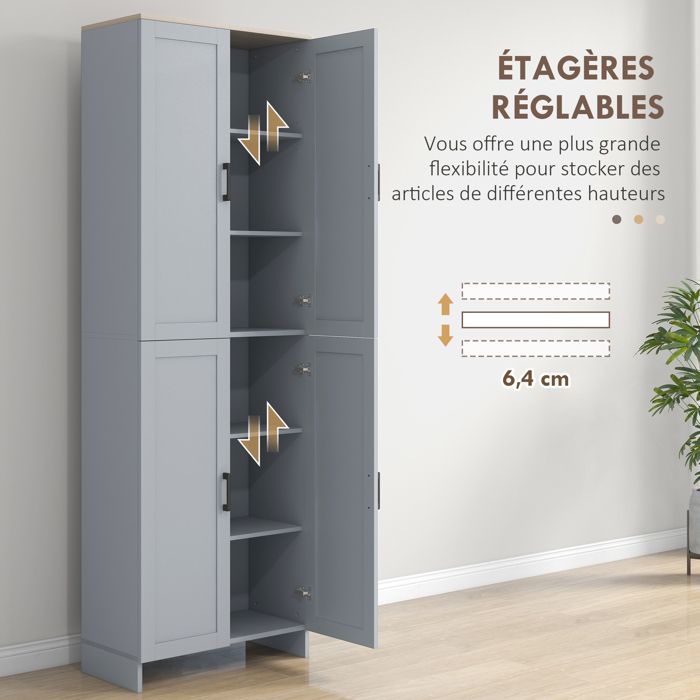 Buffet Haut Cuisine HOMCOM 4 Portes Vitrées + 2 Tiroirs - Meuble Rangement Salon Blanc Brillant | 59x30x170 Cm