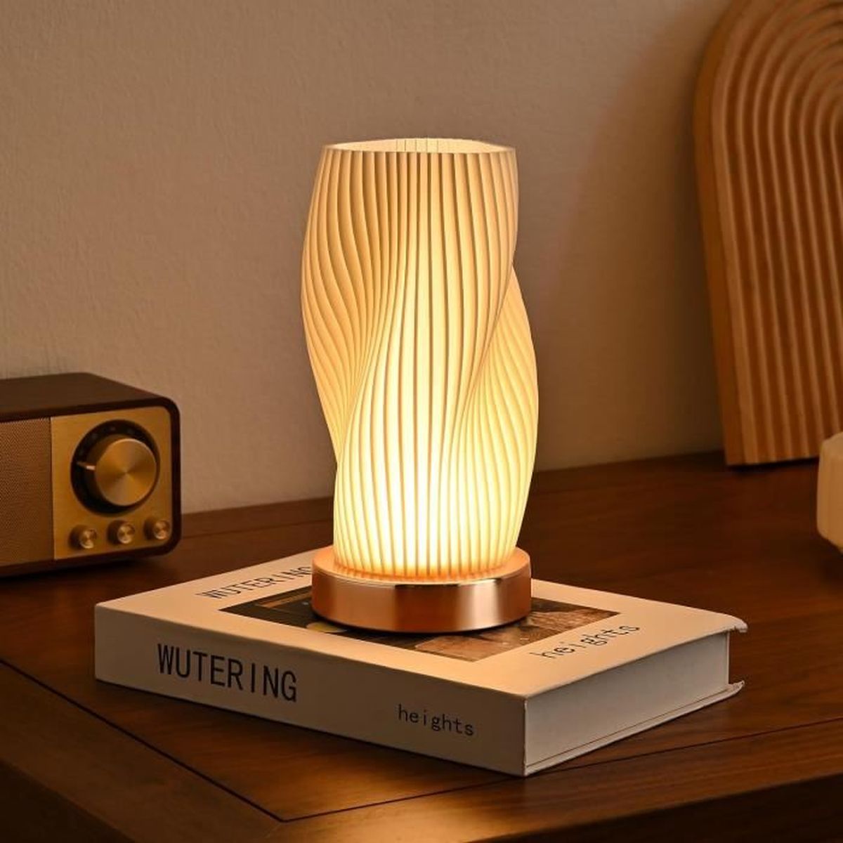 Lampe De Chevet Planètes - LED Avec Port USB - Abat-jour Tissu & Base Bois - Pour Chambre, Bureau, Salon