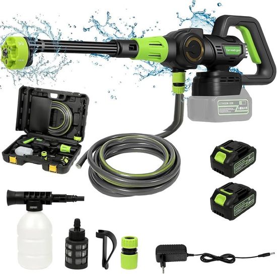 Nettoyeur Haute Pression Sans Fil 980 PSI / 120 Bar - 2 Batteries 15000mAh, Tuyau 5m, Buse 6 En 1, Pour Voiture Et Jardin - 4