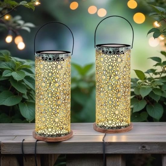 Lot De 2 Lanternes Solaires Extérieures à Flamme Dansante – LED Sur Pied Ou Suspendue, Avec Interrupteur, Recharge USB, Résistantes Aux Intempéries