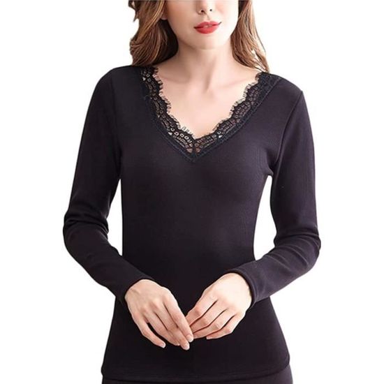 Sous vetement Thermique Femme Marque Haut Tops Manches Longues Col V Dentelle Confortable et Epais
