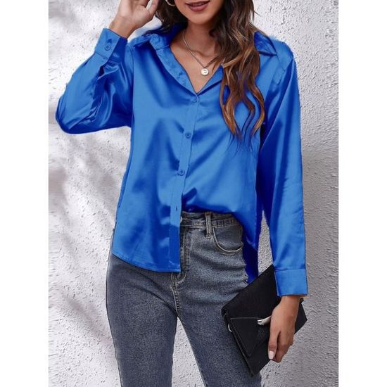 Chemisier En Satin Boutonné Pour Femme – Manches Longues, Col En V, Idéal Bureau Et Soirée