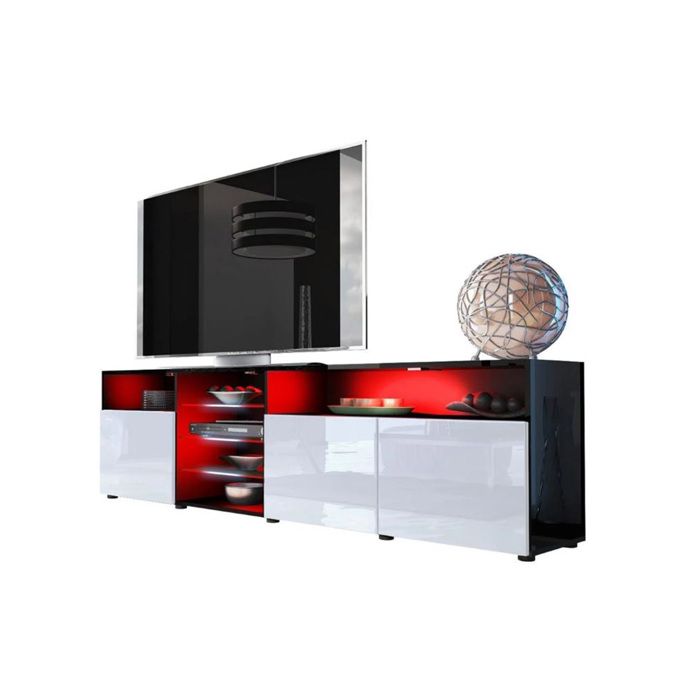 MEUBLE TV MASSIMO 200 cm Noir Mat et portes Blanc Laquées LED RGB