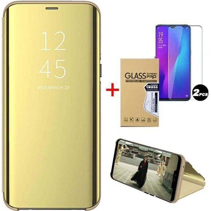 Coque Samsung Galaxy A52 (5G) +2pcs Verre Trempé Translucide Mirroir Slim Coque Protection Samsung Galaxy A52 (5G), D'or