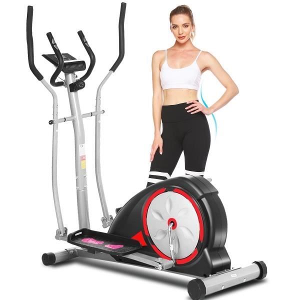 Vélo d'appartement entraîneur elliptique muet de contrôle magnétique de 8 niveaux avec volant moteur 6 kg LCD charge 120kg Noir