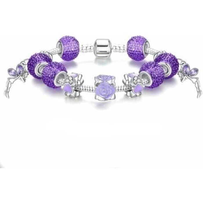 17 cm Bracelet Charm's Fée Clochette Cristal Violet Argent Fin Rhodié