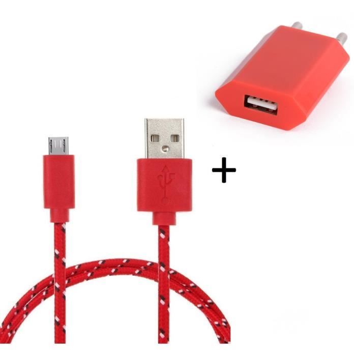 Pack Chargeur pour -XIAOMI Redmi 9A- Smartphone Micro USB (Cable Tresse 3m Chargeur + Prise Secteur USB) Murale Android (ROUGE)