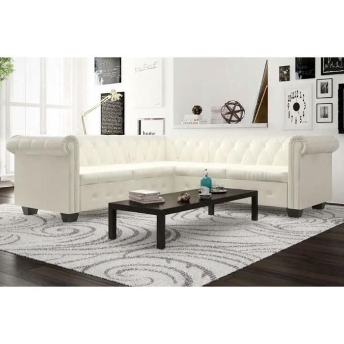 4126982© Design Rétro Scandinave Canapé d'angle Fixe 5 places Relaxation, Canapé panoramique, Chesterfield Cuir artificiel Blanc