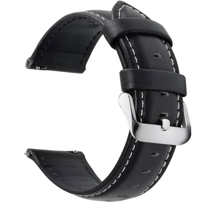 Fullmosa Bracelet pour Montre Connectée, 20mm, Noir, à Dégagement Rapide pour Homme Femme,Cuir