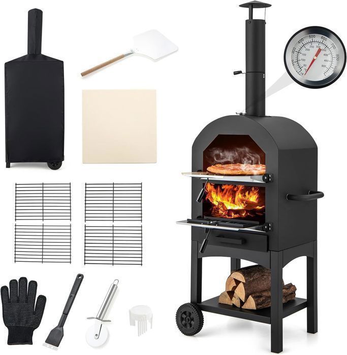 GIANTEX Four à Pizza Extérieur en Fer à Roulettes avec Thermomètre Double+ Cheminée,Housse Imperméable+Pierre à pizza+Pelle livrés