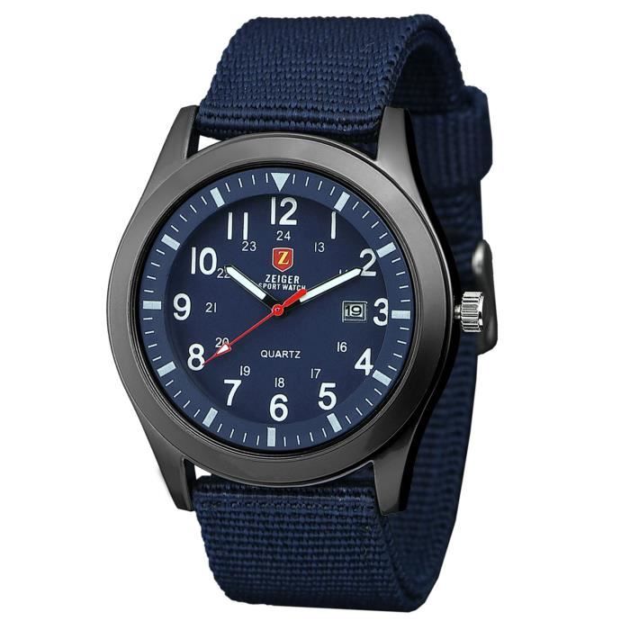 KZKR Montre hommes Mouvement à quartz Afficher la date Imperméable en Nylon Militaire Réglable Bleu