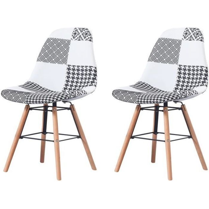 CARLA - Lot de 2 chaises scandinave - Tissu - Noir/Blanc - pieds en bois et metal design salle a manger salon - 53 x 46 x 82 cm
