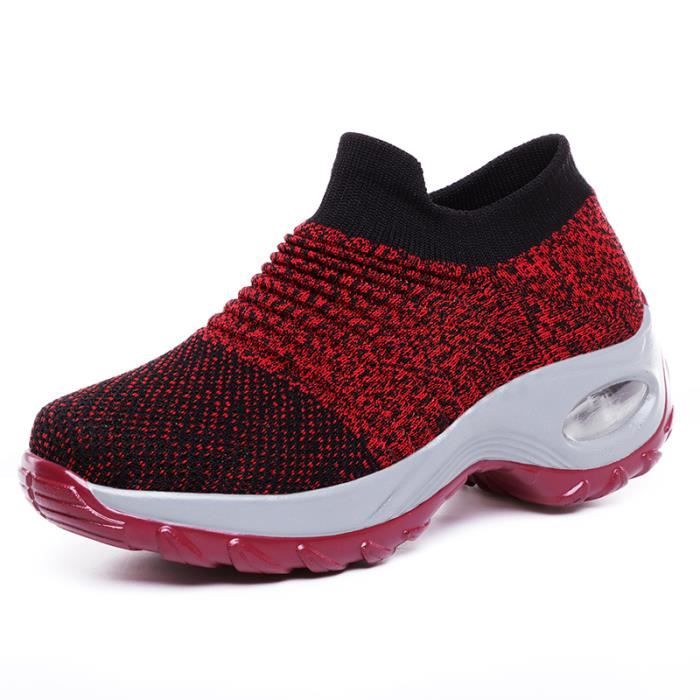 Chaussures de course de sport en maille pour hommes et femmes-rouge