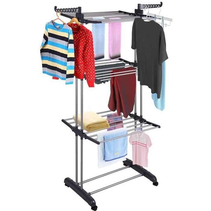 LEYSHOP Séchoir à linge étendoir 73*48*170cm 3 Niveaux rangement pliable en Acier Inoxydable - Gris