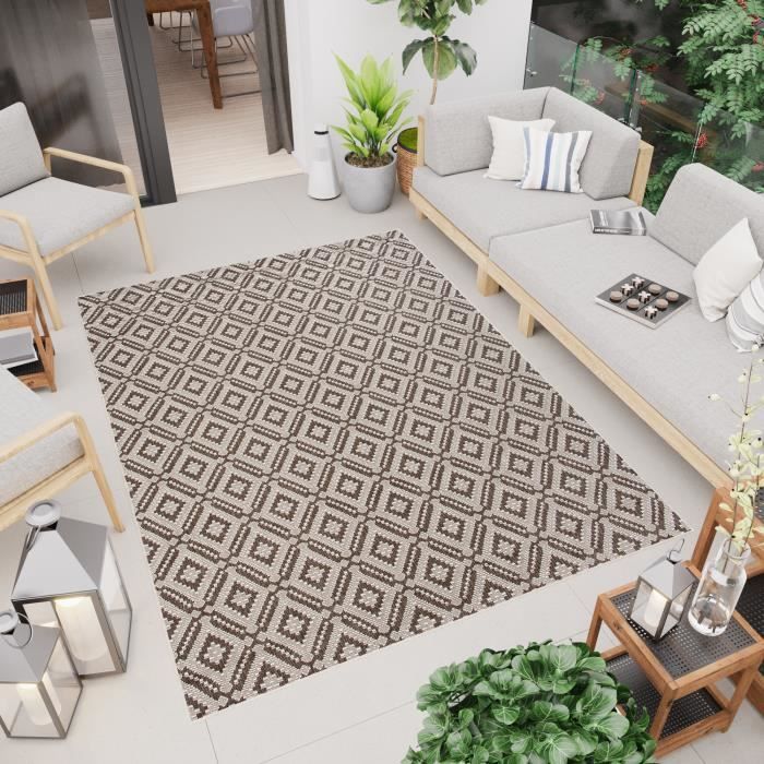 TAPISO Capri Tapis Extérieur Intérieur Cuisine Marron Beige Marocain Sisal Résistant 140x200 cm
