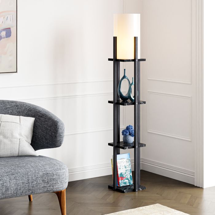 lampadaire stourbridge avec 3 étagères e27 hauteur 130 cm noir effet marbre noir crème