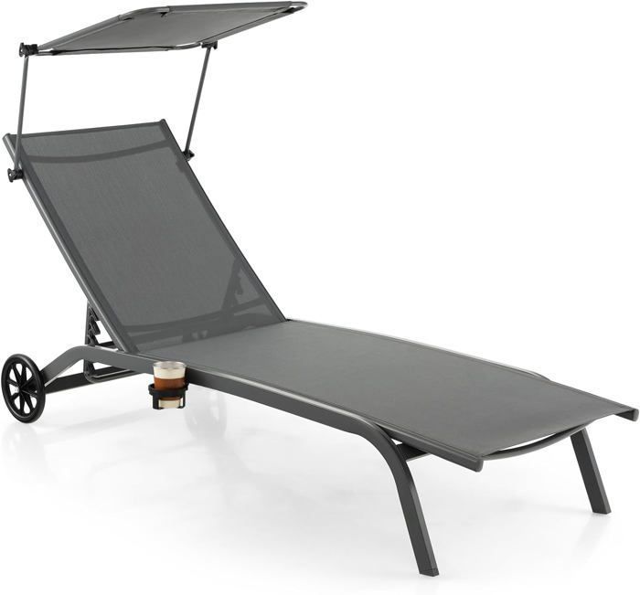 GOPLUS Chaise Longue avec Pare-Soleil Réglable-Bain de Soleil Dossier Réglable à 6 Niveaux avec Roulettes-Charge 150KG Gris