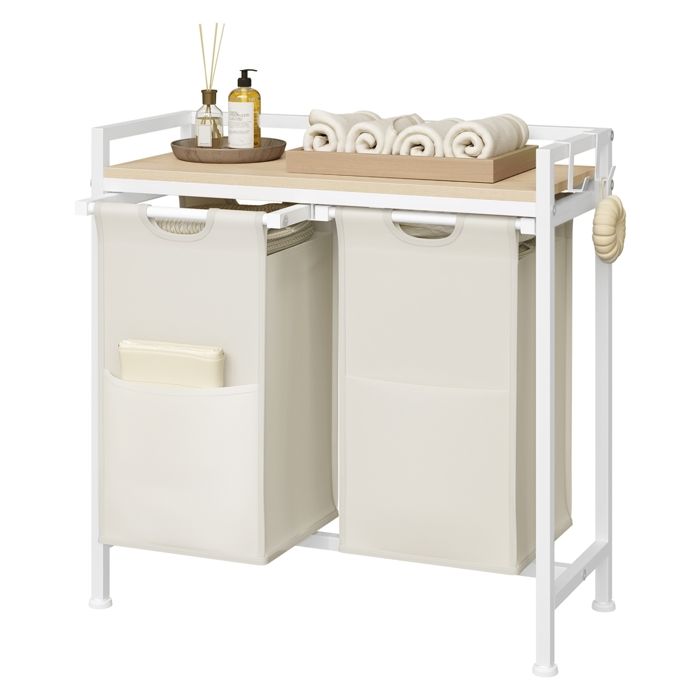 Panier à Linge WOLTU - Meuble Étagère en Métal - 2 Compartiments en Tissu Oxford Amovible - Blanc+Chêne Clair