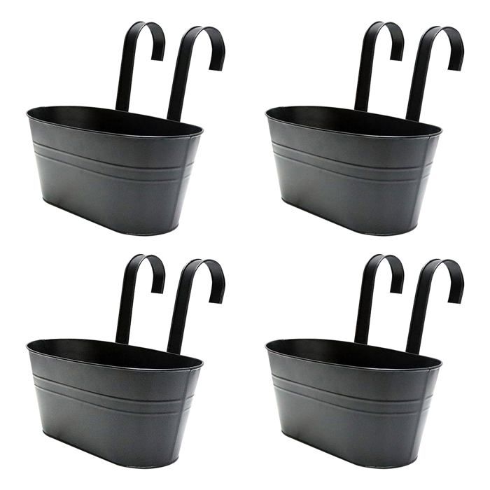 Lot de 4 pots de fleurs suspendus en métal noir avec crochet amovible et drainage - 28×24 cm