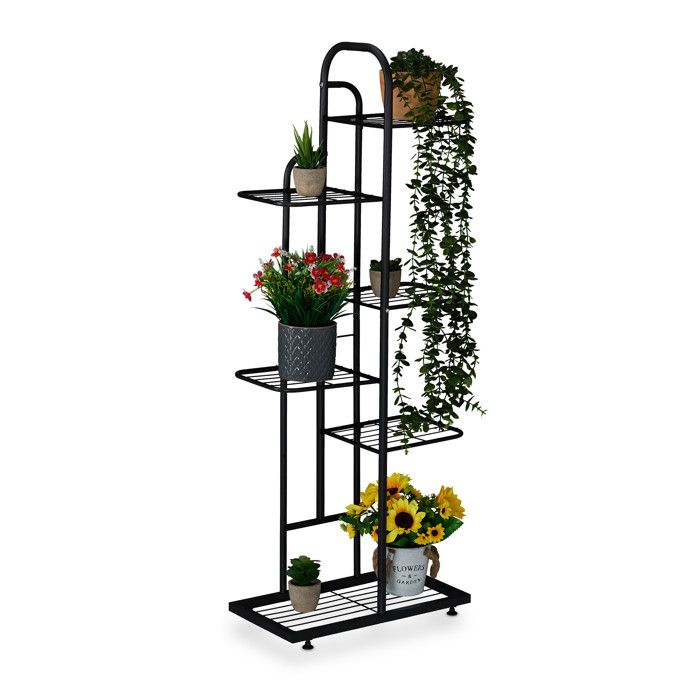 Relaxdays Étagère à plantes 6 niveaux spacieux pour 7 pots métallique H x L x P : 109 5 x 44 x 22 cm noire