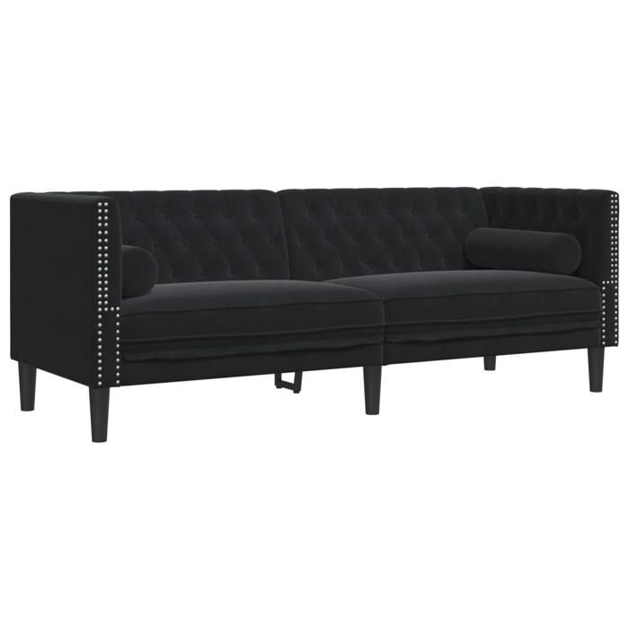 957461& Canapé Chesterfield avec traversins 3 places - noir velours - L194 x P74.5 x H70.5 cm