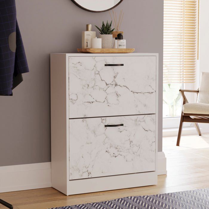 Meuble à chaussures 2 tiroirs – Armoire de rangement pour chaussures meuble d’entrée ou de couloir Marbre blanc