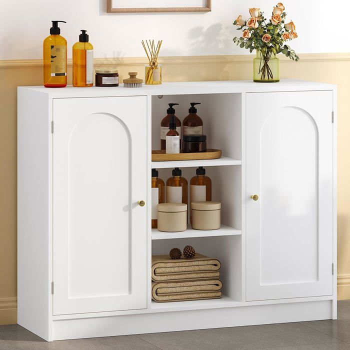Meuble de Salle de BainMeuble de Rangement avec 2 Portes Arquées 3 Étagères OuvertesÉtagères Réglables30 x 100 x 815 cmBlanc
