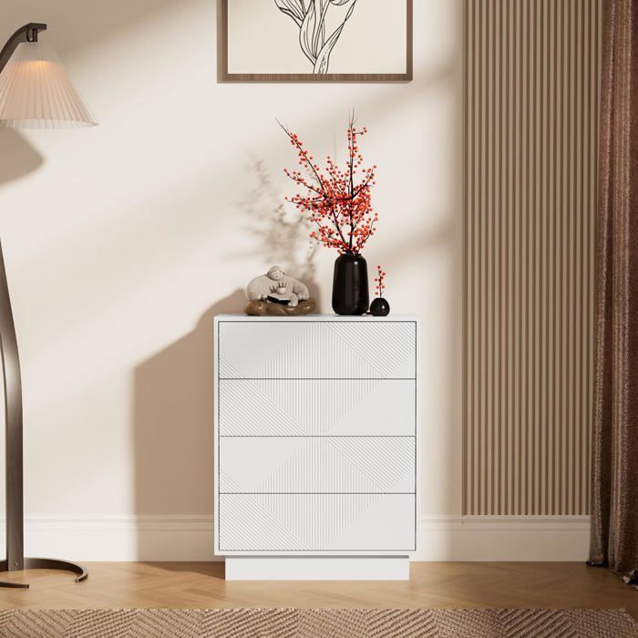 GOOBUY Commode à 4 Tiroirs 60cm Surface Motif Spécial Gravure avec Une Touche Soyeuse Grand Espace Rangement pour Chambre Blanc