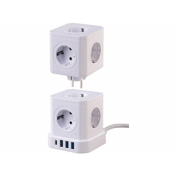 Multiprise colonne 9 prises avec 4 ports USB - coloris blanc
