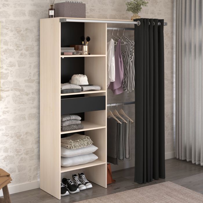 Dressing ouvert avec rideau et étagères 182 cm noir - Noir - Fabriqué en France - Terre de Nuit
