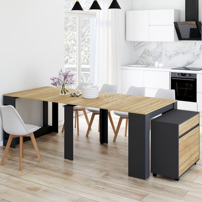 Table buffet extensible ORLANDO 10 personnes 235 cm bois noir et façon hêtre