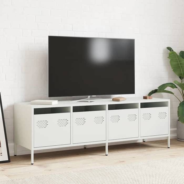 Meuble TV en acier - vidaXL - 135x39x43 5 cm - Blanc - 4 tiroirs - Style industriel - Pieds réglables