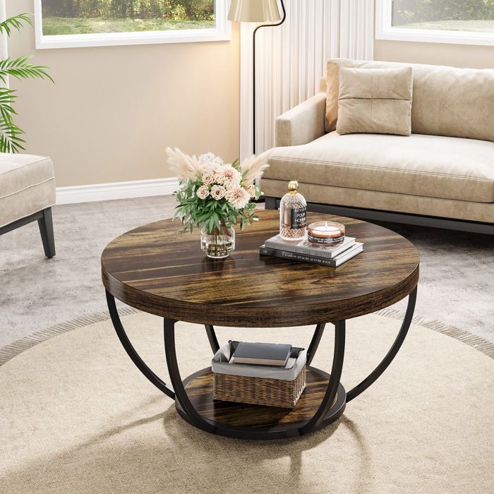 Table Basse RondeLittle TreeTable dappoint Industrielle à 2 Niveaux avec Pieds en Métal Pour SalonMaisonMarron Rustique
