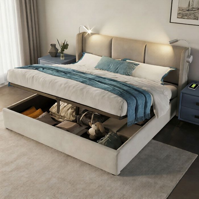 Lit coffre 160x200cm - COMANLAI - Lin Beige - Rangement hydraulique - Lampes de lecture et ports USB - 2 places