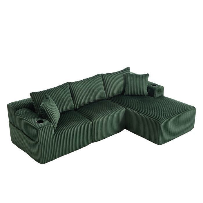 MEUBLES COSY Ensemble canapé avec coussins poches latérales et porte-gobelets en velours côtelé doux pour salon vert