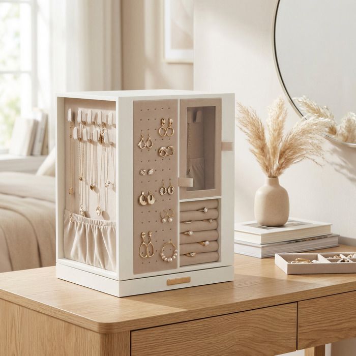 Boîte à Bijoux Rotative à 360° Coffret à Bijoux avec 4 Tiroirs Rangement pour Accessoires Colliers Bracelets Blanc Crème