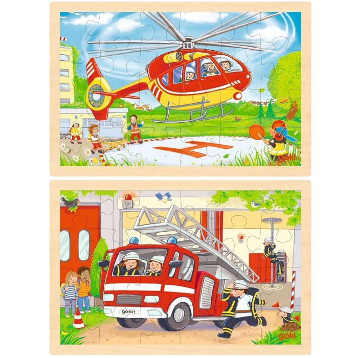 Puzzle - GOKI - Puzzle réversible hélicoptère et pompiers - 24 pièces - Bois - Réversible 2 motifs