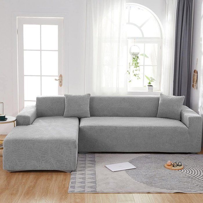 Housse de canapé imperméable - Motif jacquard à feuilles gris clair - Pour canapés 4 places (235-300 cm)