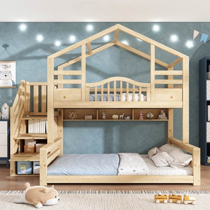 Lit superposé enfant - LEMONBEST - Cabane - 90x200/140x200 - Escalier rangement - Bois massif naturel