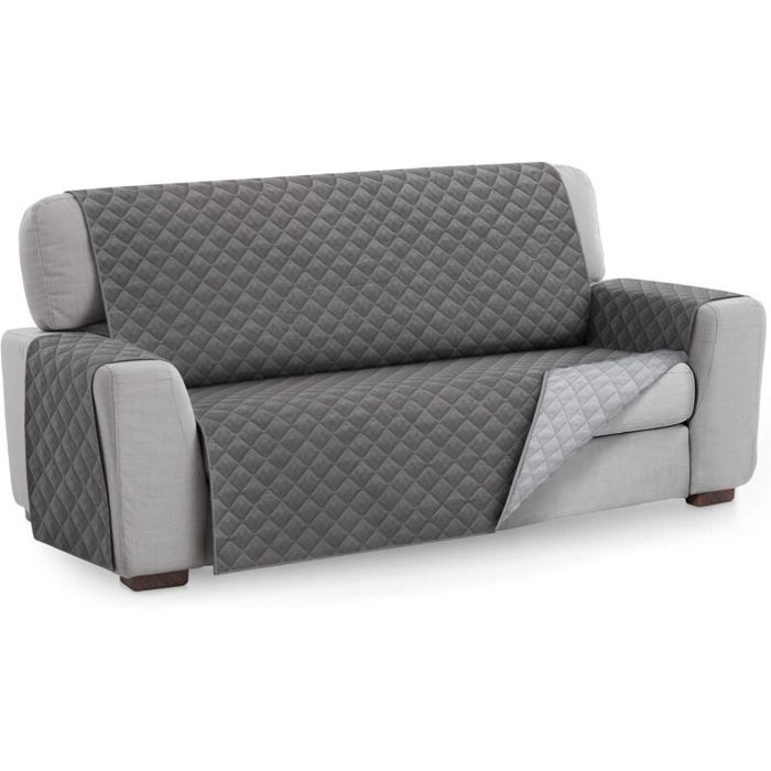 Housse de canapé réversible - PZCC - 3 places - 160 cm - Gris - Matelassée - Réversible - Protection contre taches