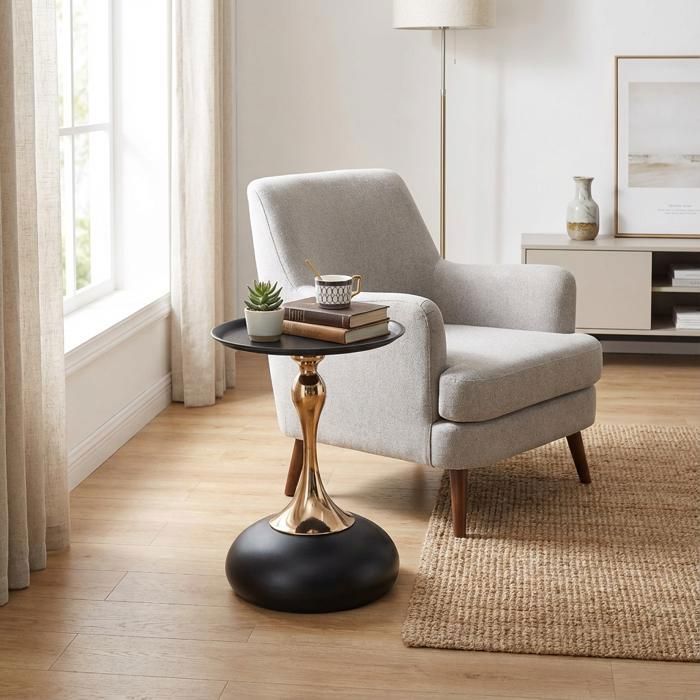 Table dAppoint Ronde - guéridon Moderne -Bout de Canapé noir avec Base en Métal - pour Salon et Balcon - 38x38x55cm