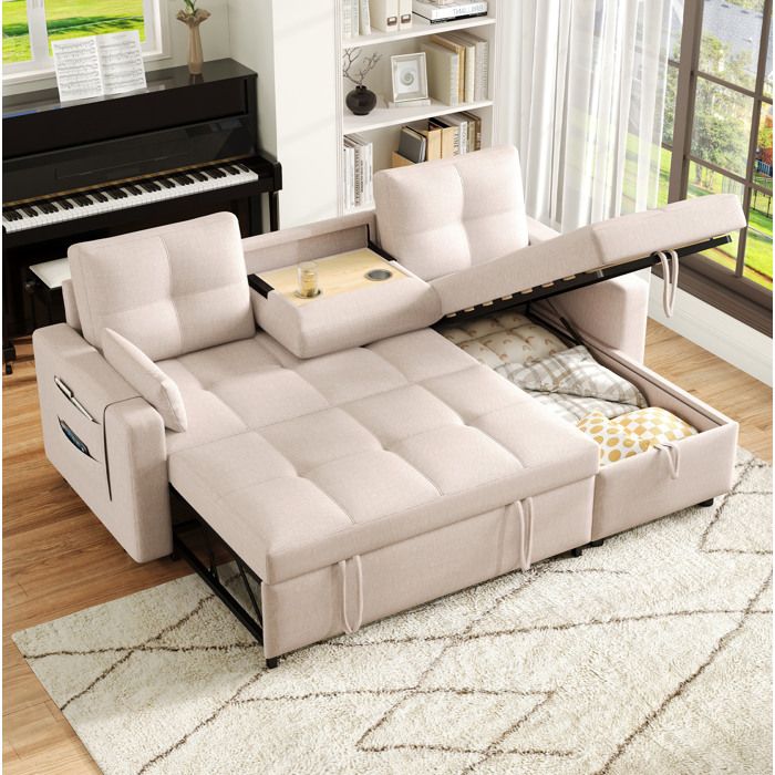 Canapé convertible 3-4 places en lin beige angle réversible coffre tablette et porte-gobelets