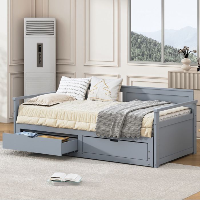 Lit banquette gigogne 90x190 extensible 180x190 avec tiroirs gain de place sommier à lattes Moderne bois gris